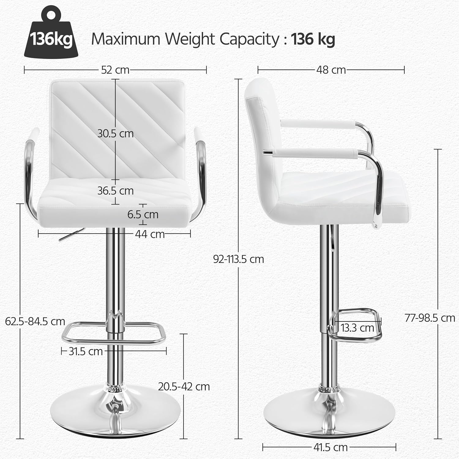 White Adjustable Swivel Bar Stools Set of 2 Faux Leather Armchairs