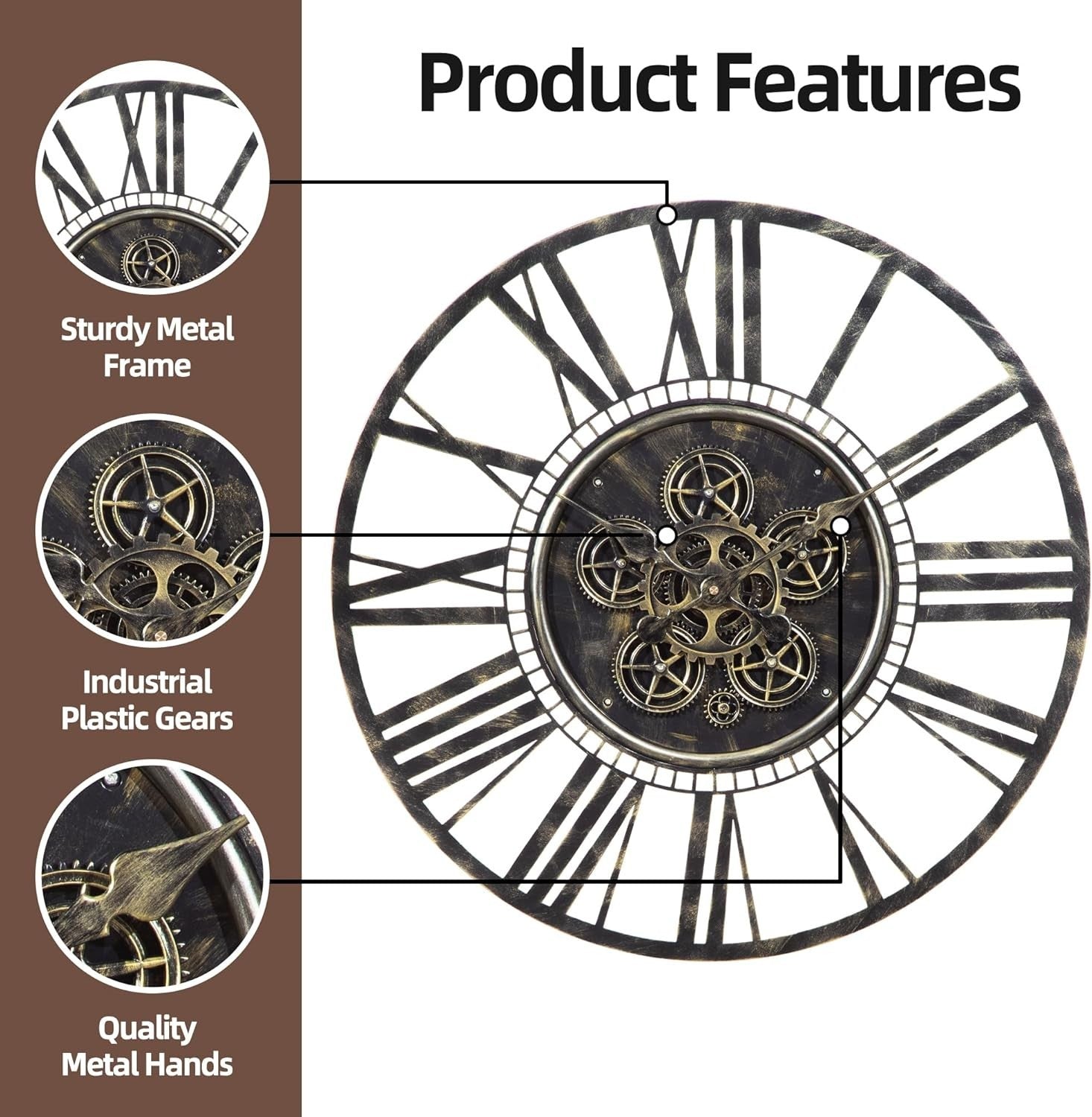 Large 20" Industrial Steampunk Gear Wall Clock | Vintage Brass Roman Numerals