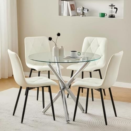 Round Glass Dining Table Set 4 Seater 90cm Compact Kitchen Furniture