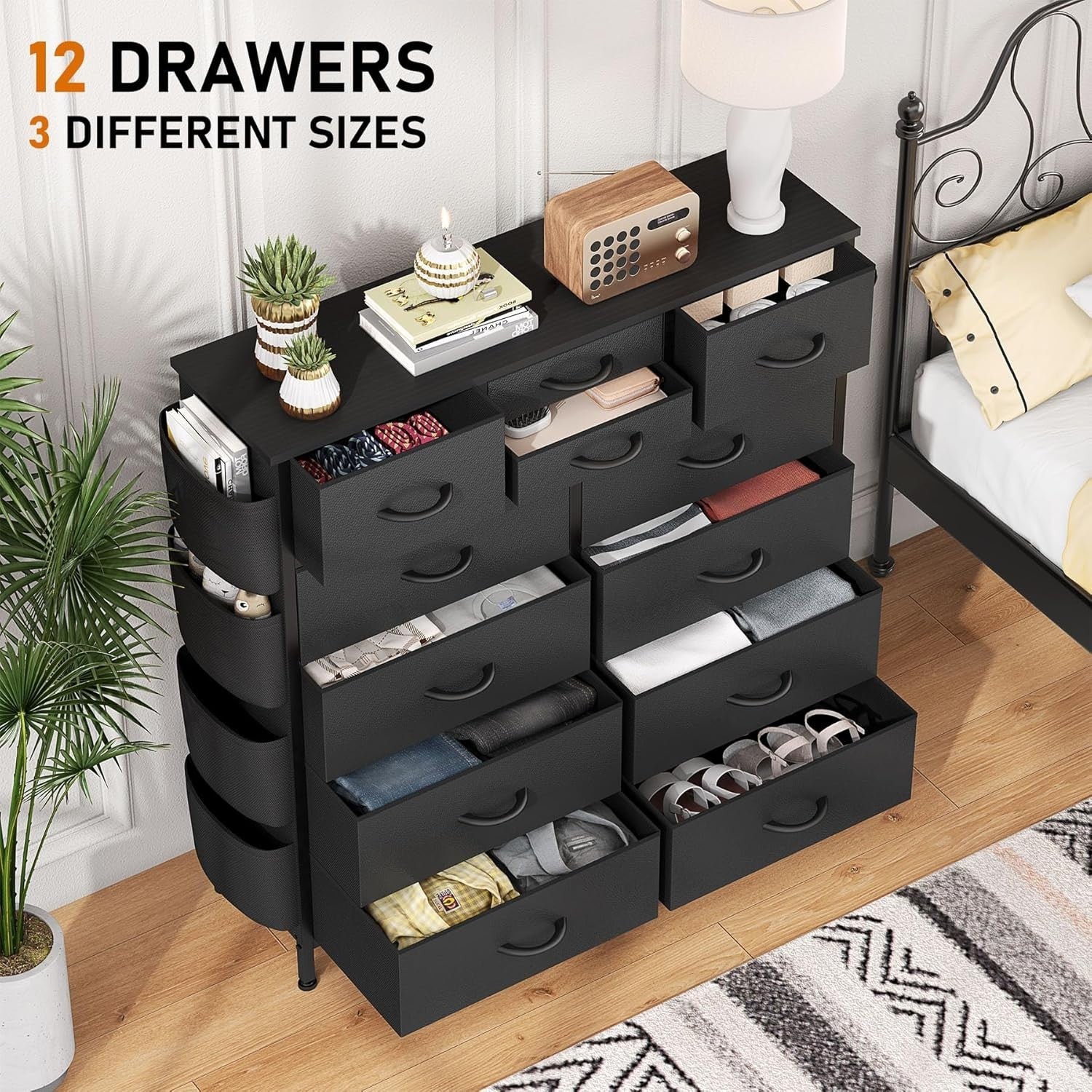 Black 12 Drawer Tall Storage Dresser Fabric Chest Hooks Kids Room Bedroom Hall