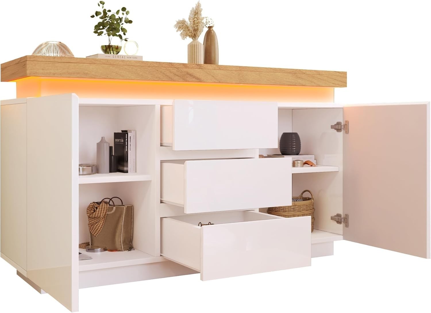 White LED Sideboard Cabinet Gloss 2 Door 3 Drawer Storage Modern Unit