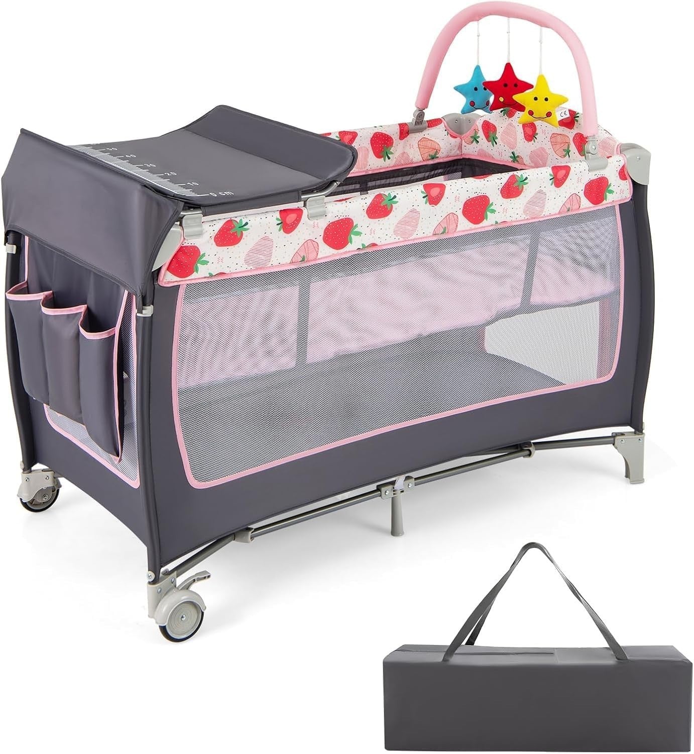 4in1 Baby Travel Cot Foldable Crib with Mattress, Changer & Storage Strawberry