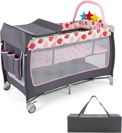 4in1 Baby Travel Cot Foldable Crib with Mattress, Changer & Storage Strawberry