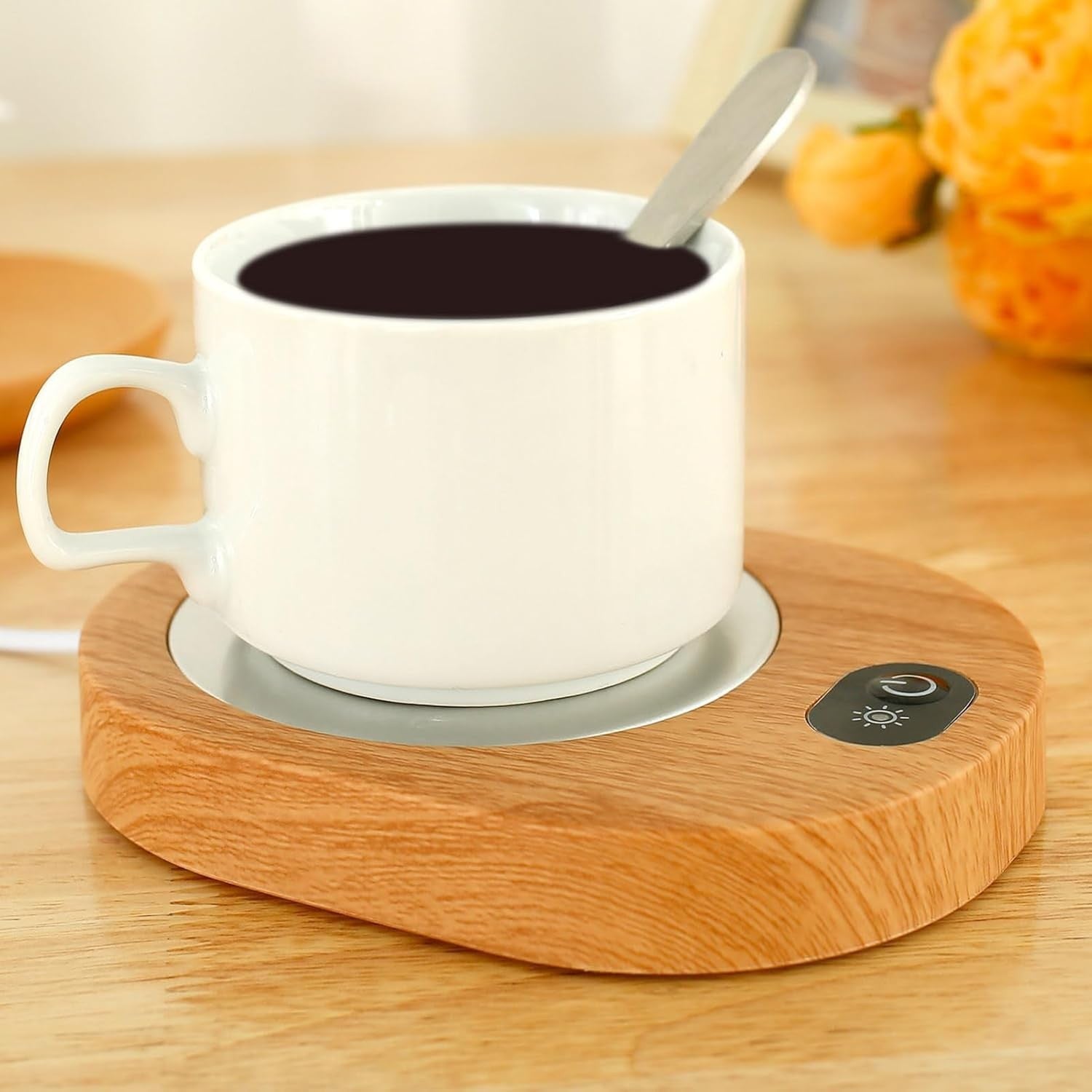 USB Coffee Mug Warmer Wood Grain 55-65°C Temp Control Desk