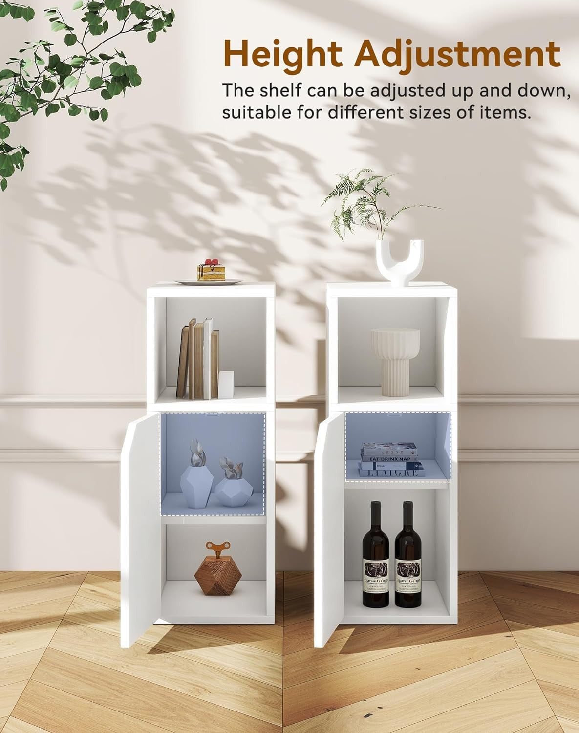 Slim White Bedside Tables Set of 2 – Narrow Nightstands with Door & Open Shelf
