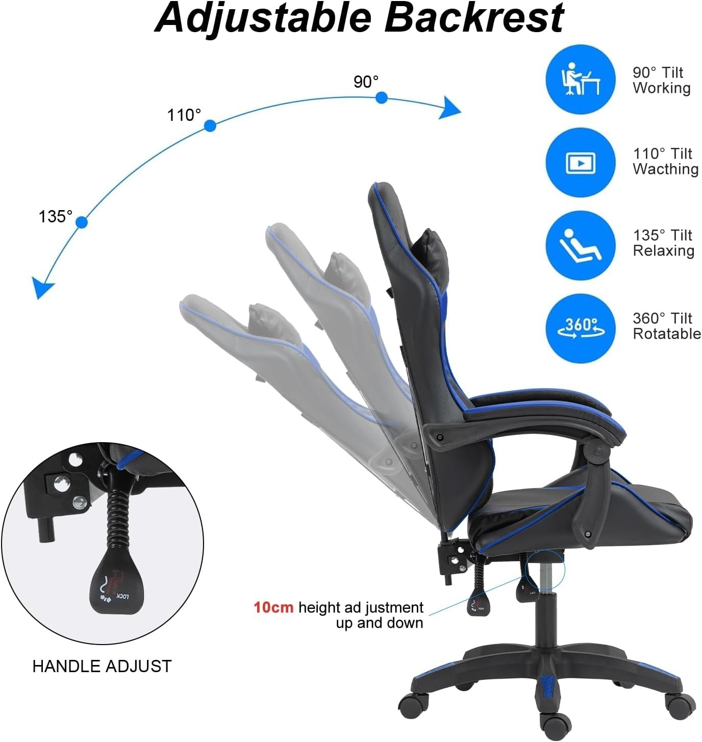 Heavy Duty Gaming Chair Blue PU Leather Reclining Swivel
