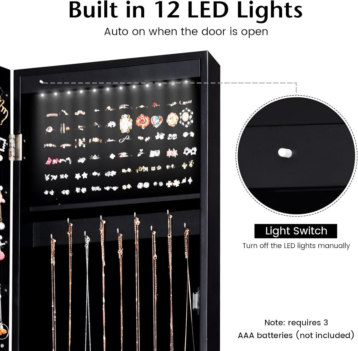 Black Standing Jewelry Armoire Lockable LED Mirror Adjustable Storage