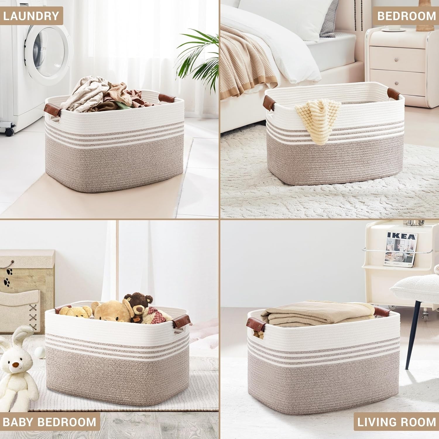 86L Large Woven Laundry Hamper with Leather Handles, Extra Storage Basket White