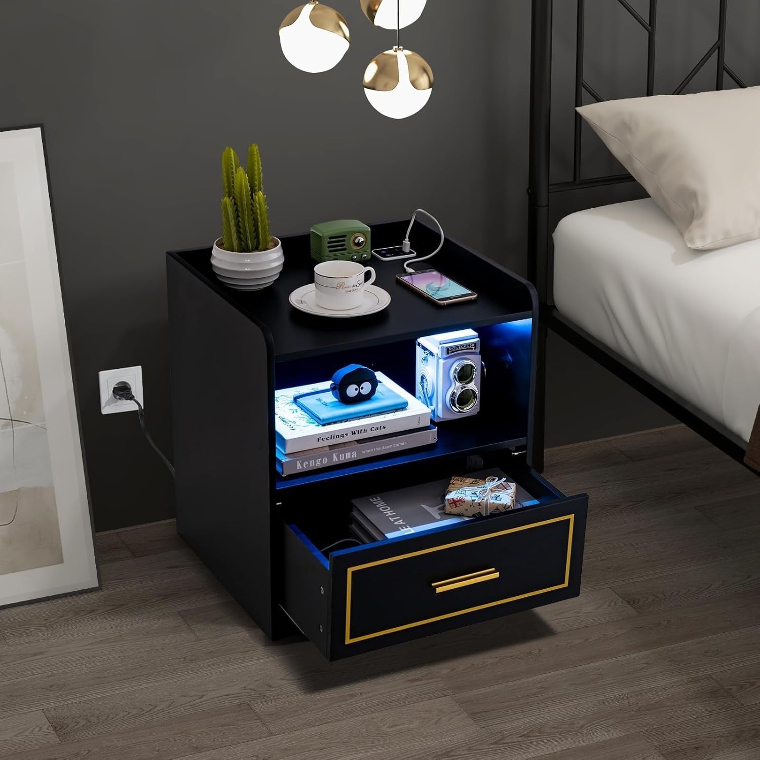 Set of 2 Black LED Bedside Tables with USB Charging & Drawer | Smart Nightstands