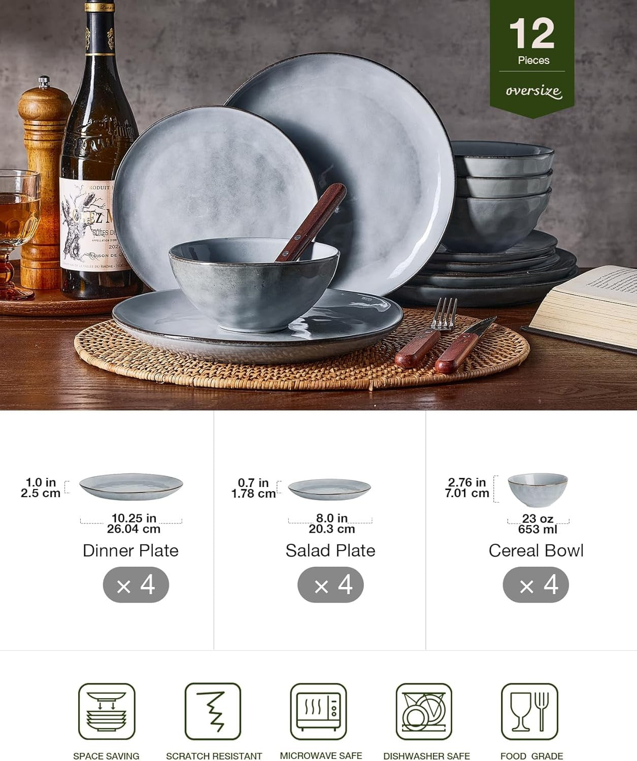 12pc Stoneware Dinner Set Wave Plates Bowls Dishwasher Microwave