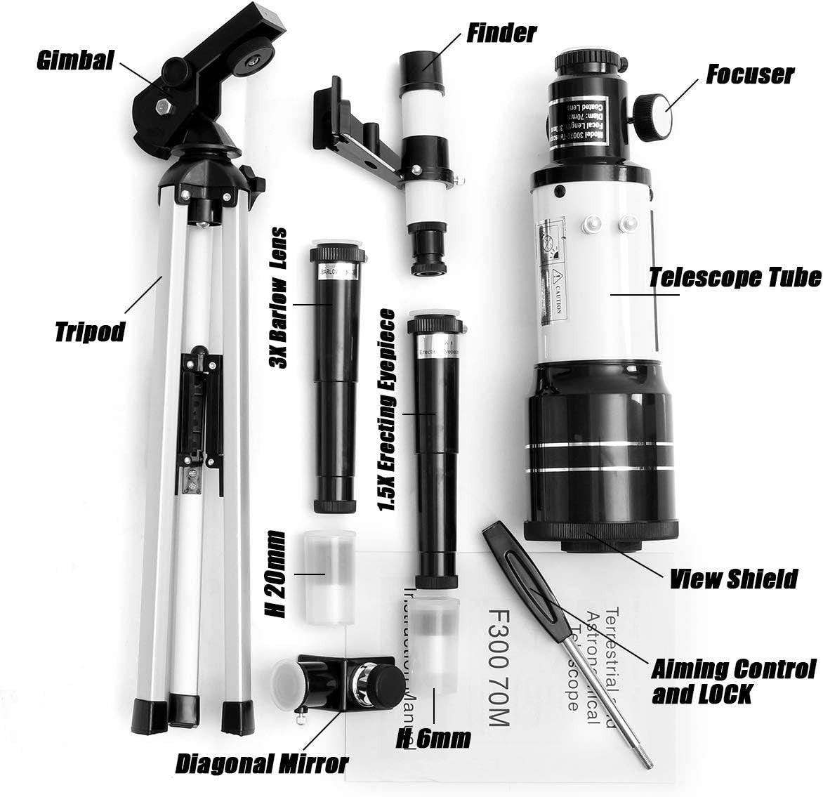 70mm Kids Refractor Telescope 150X Portable White Tripod Set Beginners
