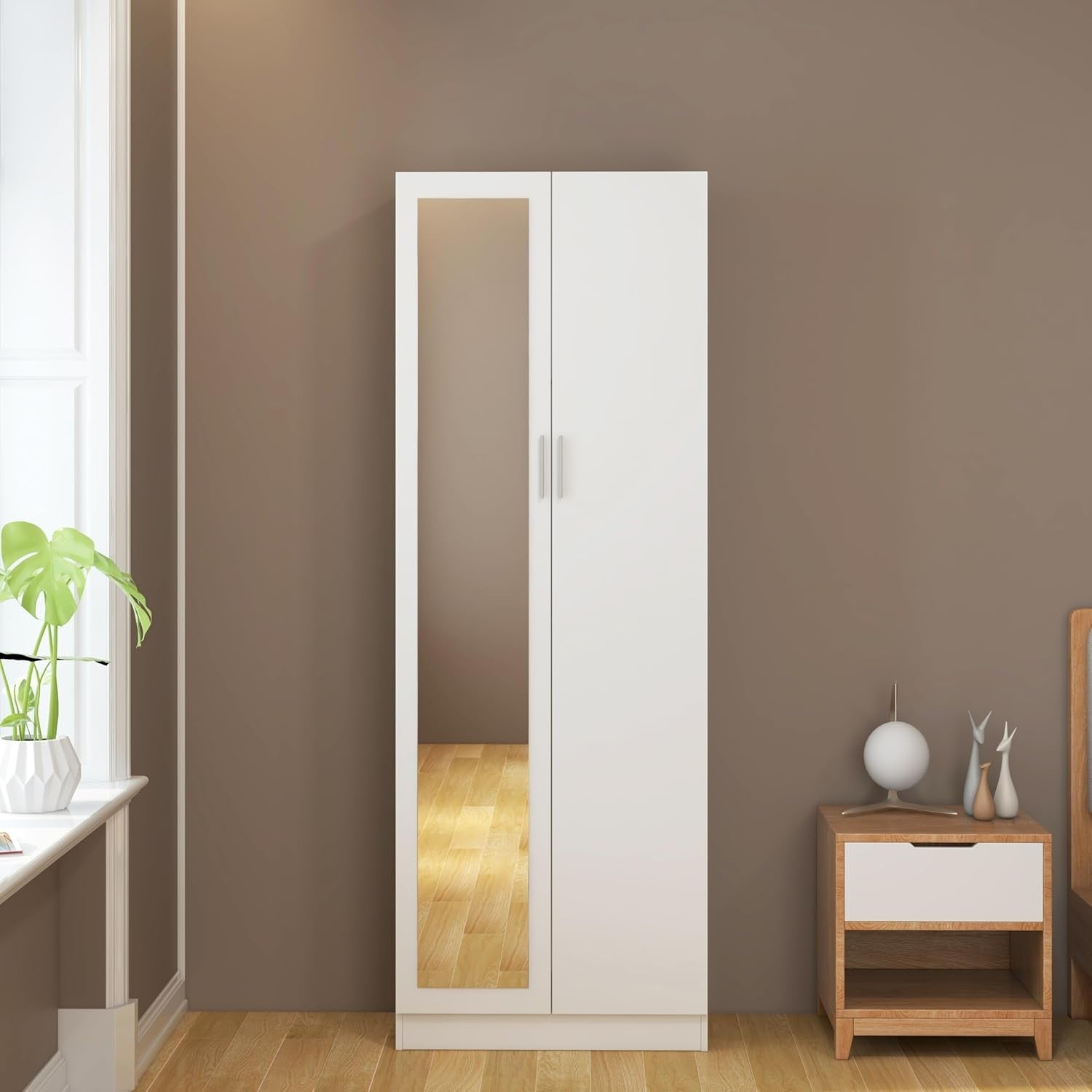 Tall White Mirrored Wardrobe 2 Door Closet Storage with Hanging Rail