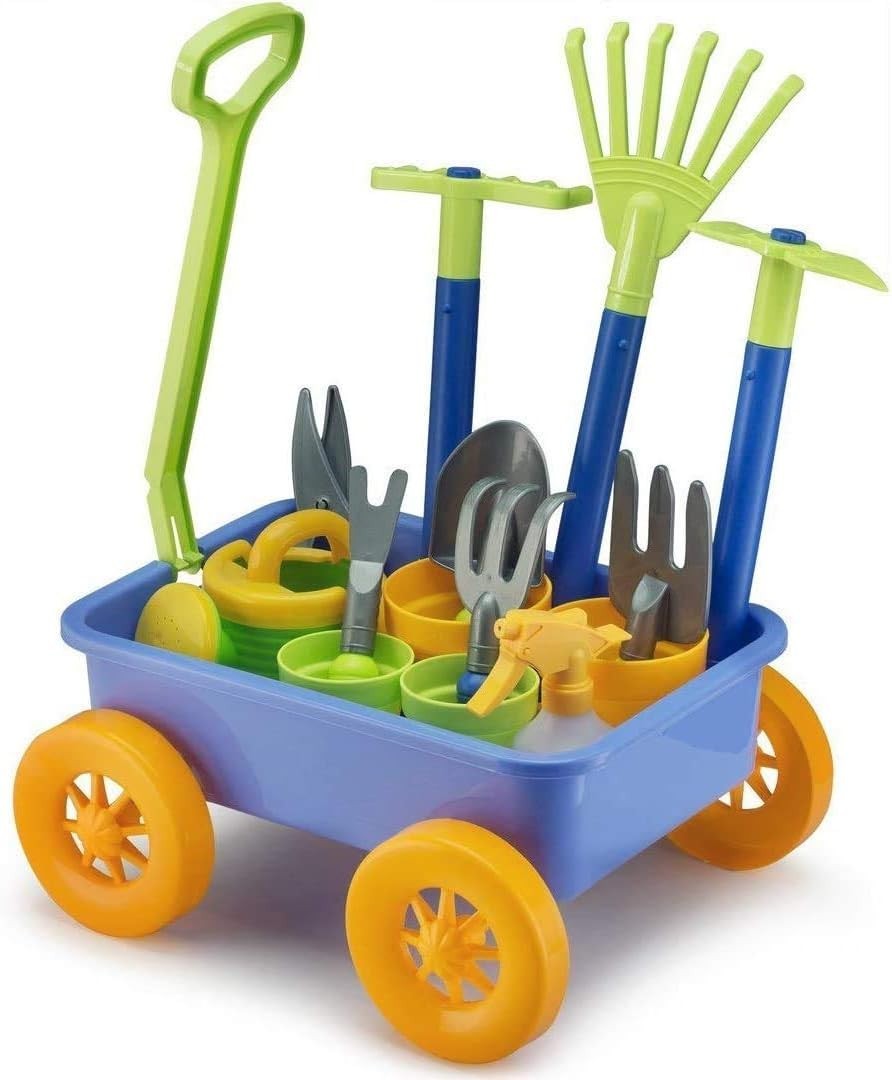 60L 4-Wheel Kids Garden Wagon & Multicolour Toy Wheelbarrow with Tools Set