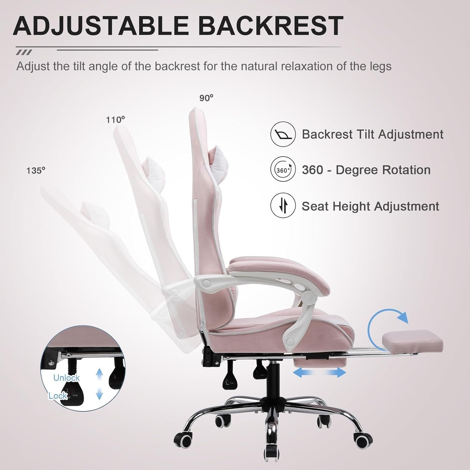 Gaming Chair Ergonomic Fabric Swivel Recliner Massage Lumbar Footrest Pink