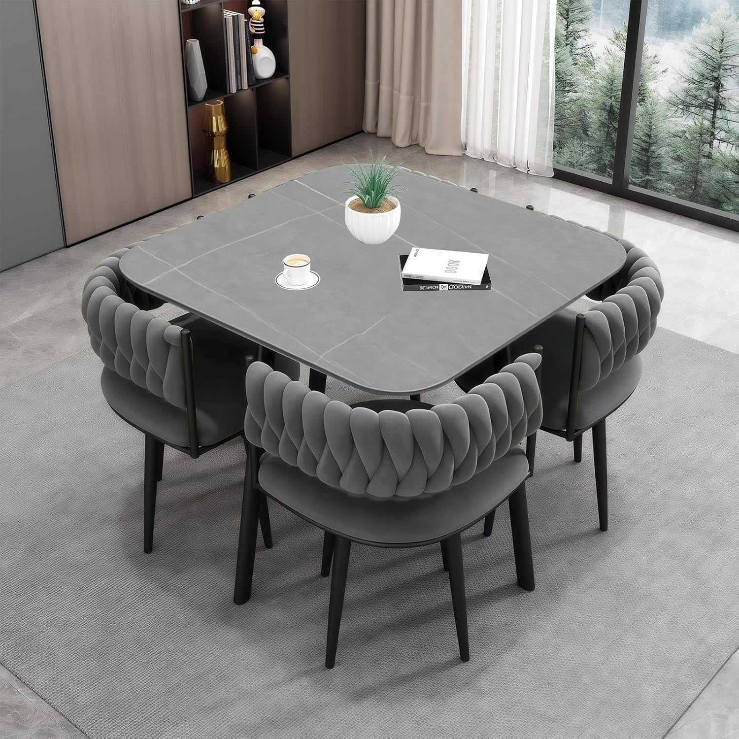 Space-Saving Rock Slab Marble Dining Table & 4 Velvet Chairs Set Grey
