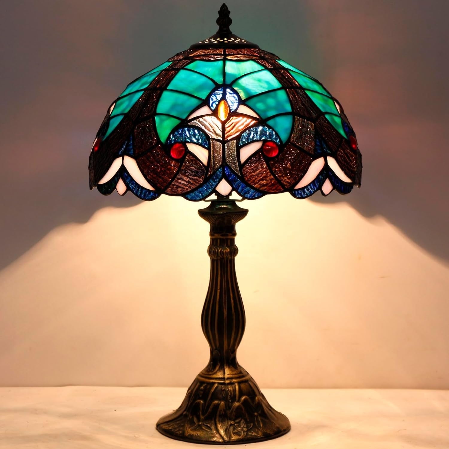 Tiffany Table Lamp 12x12x18in Stained Glass Bronze Base Bedside Decor