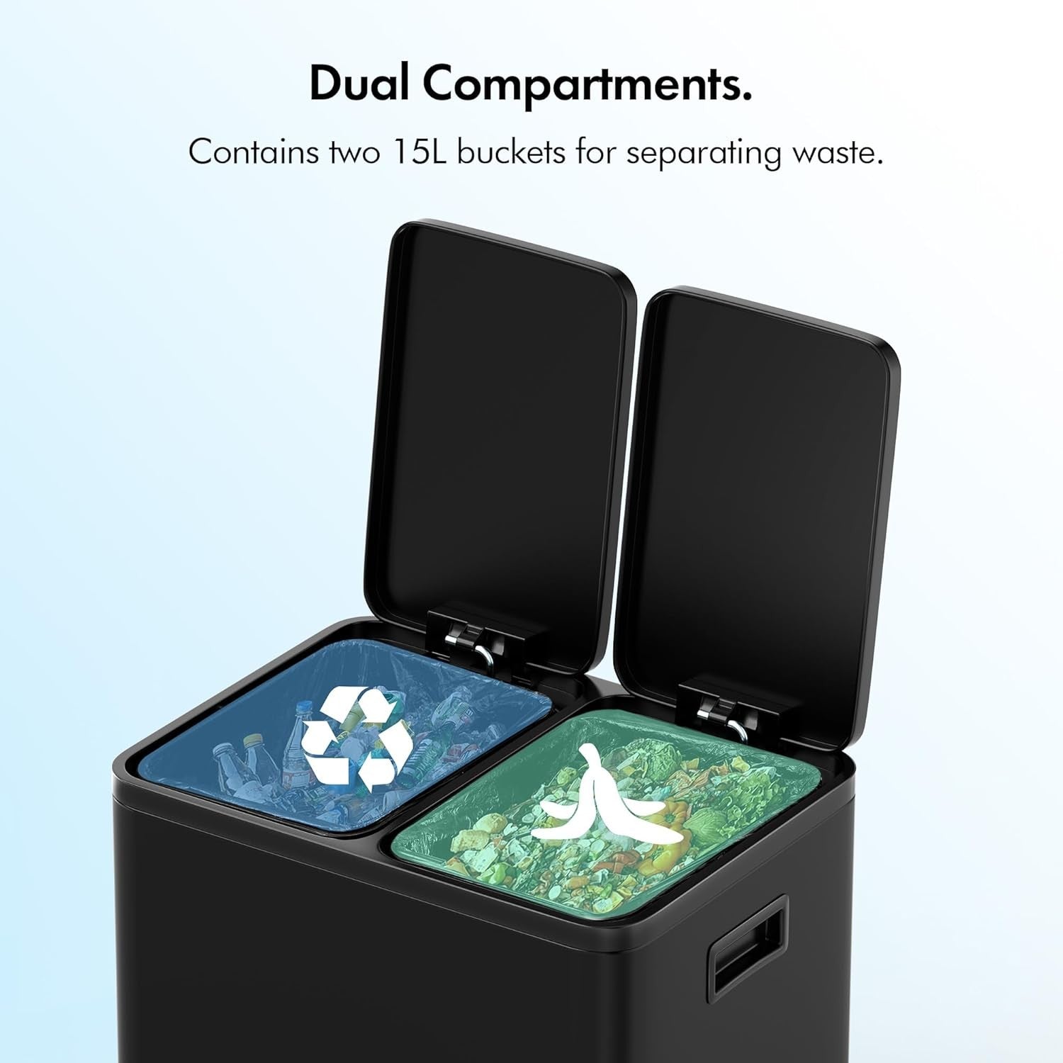 30L Double Recycling Bin Black Stainless Steel 2x15L Pedal