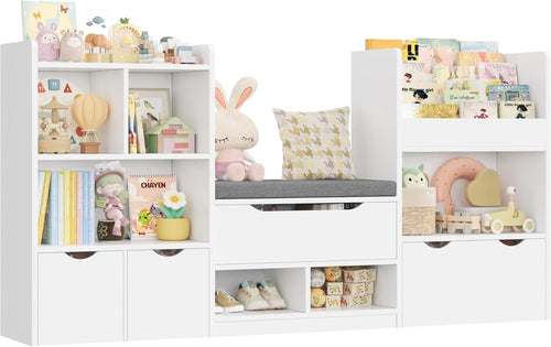 Kids Toy Storage Bookshelf with Bench, 3 Drawers Wheels & 7 Shelves White