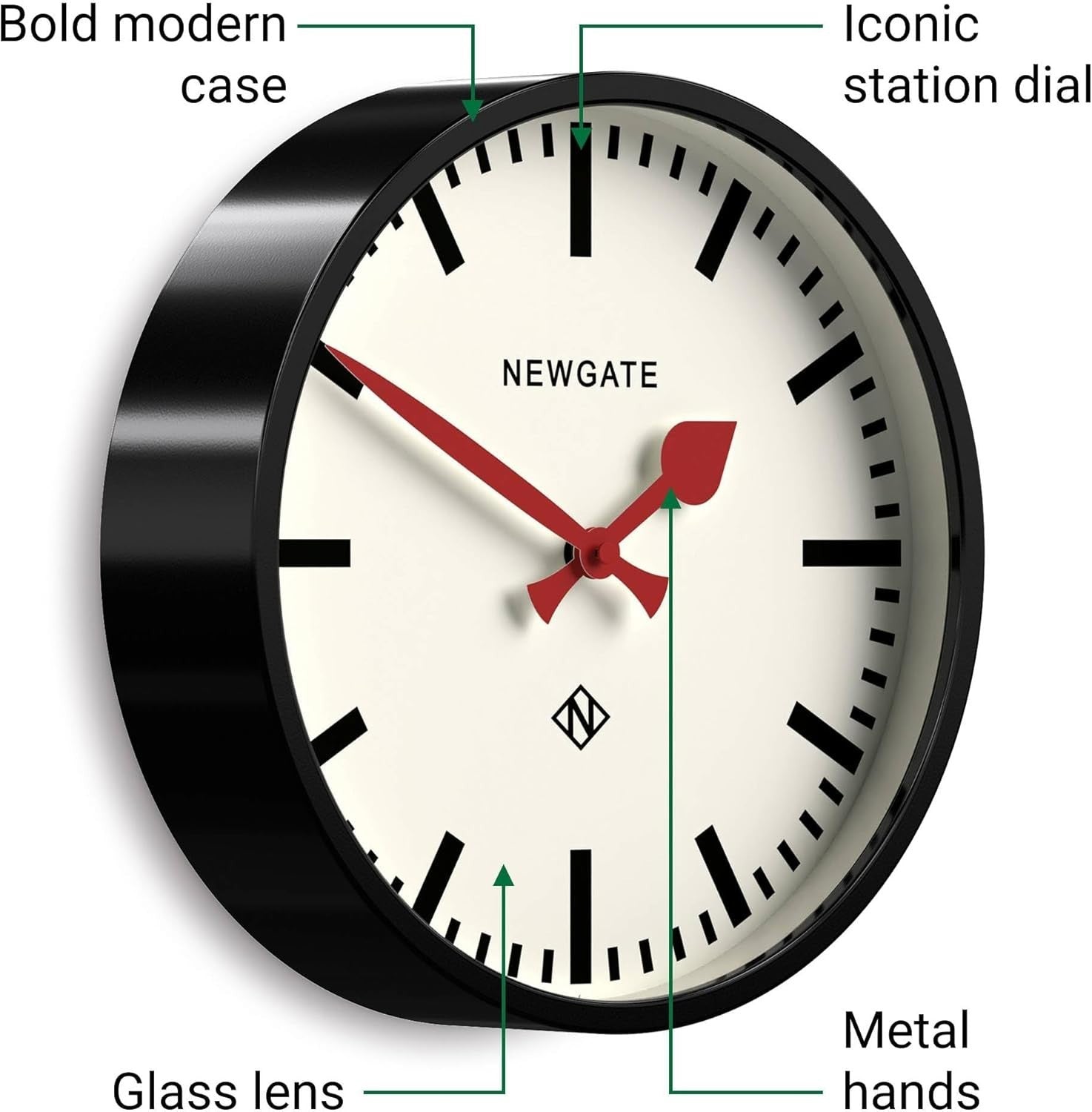 Retro Wall Clock 30cm Silent Sweep Metal Station Design Black Hands