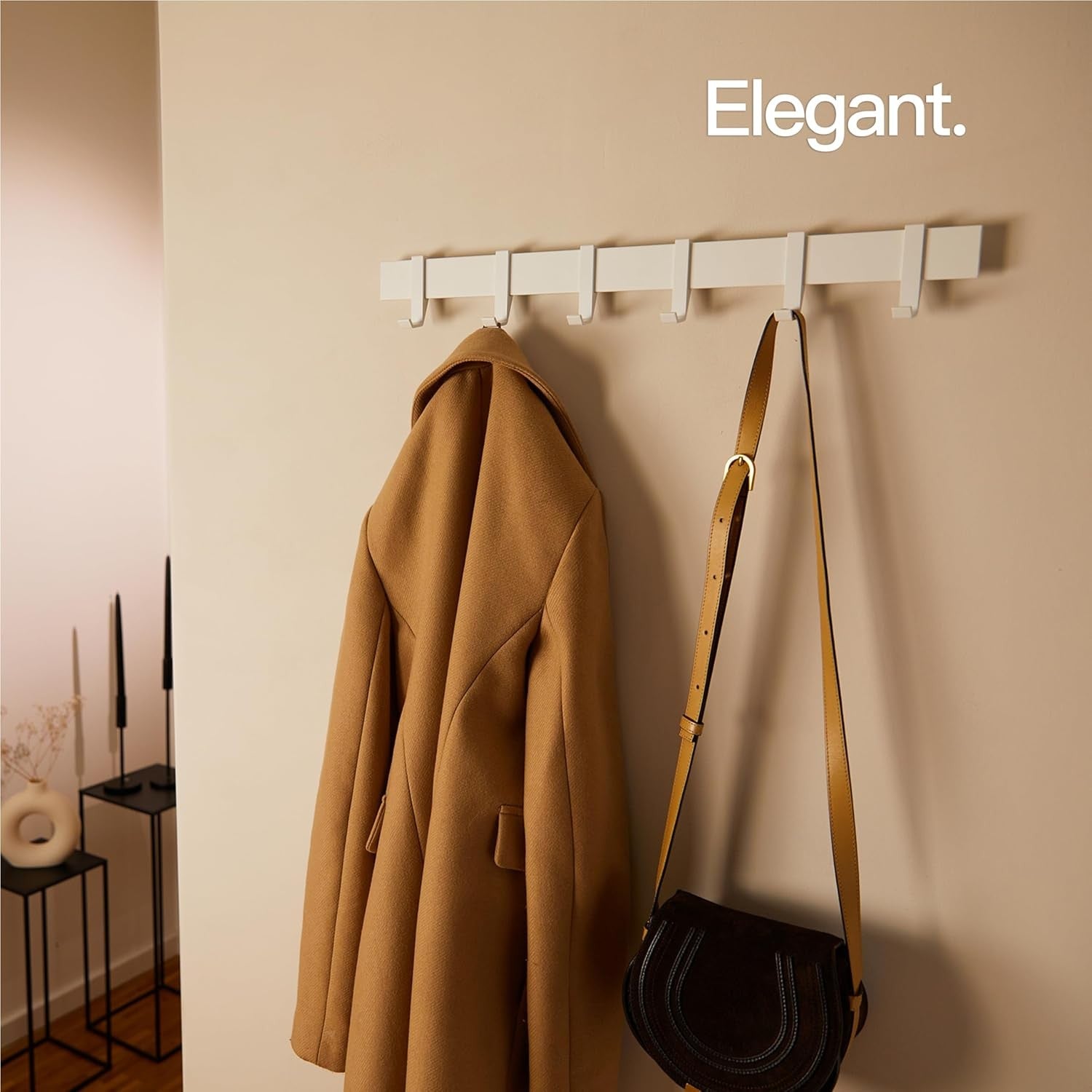 Modern Wall Coat Rack 58cm | White Metal Hanging Rail with 6 Sliding Hooks