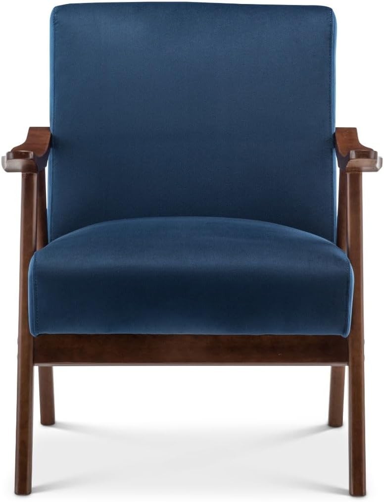 Blue Velvet Accent Armchair Retro Wooden Frame Lounge Chair