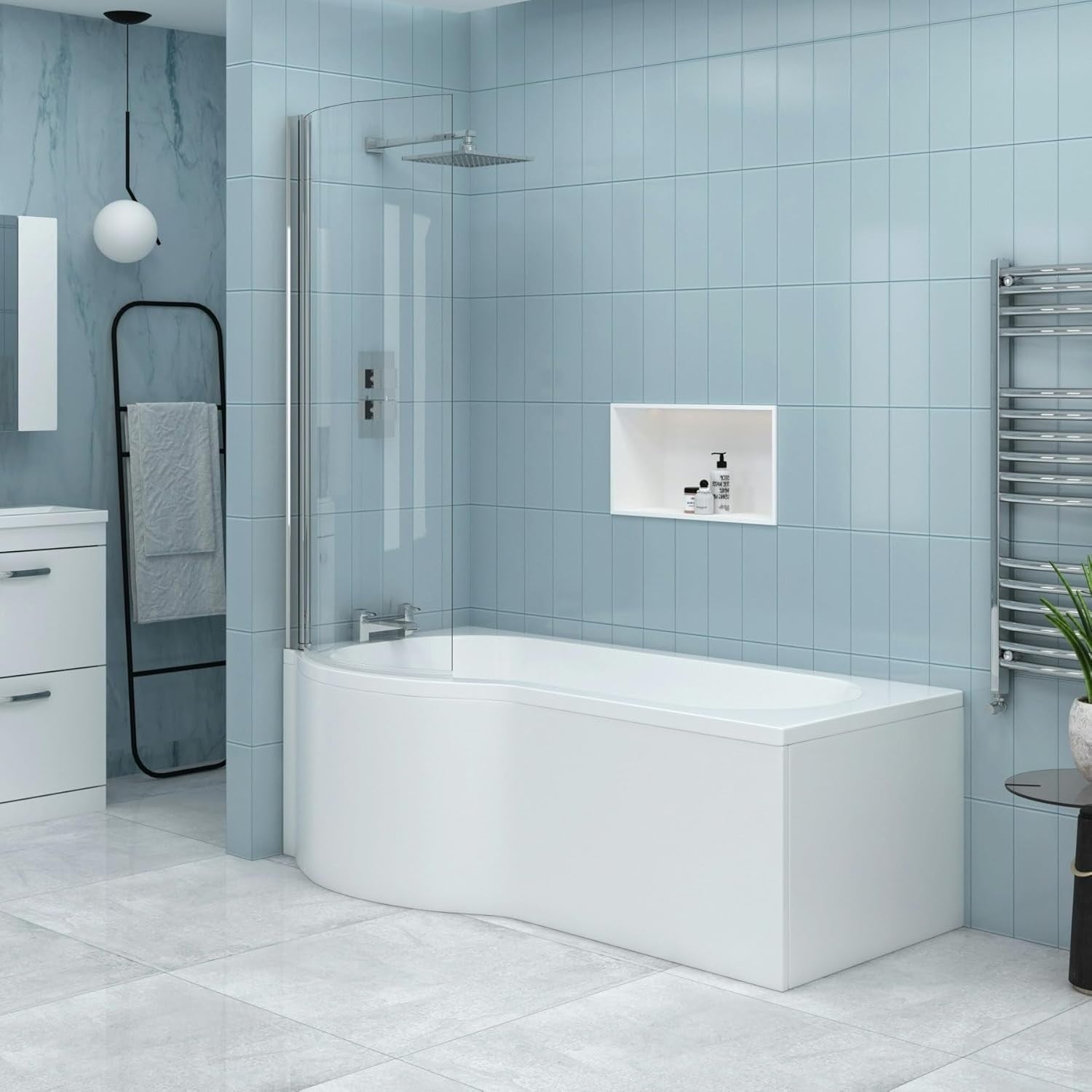 1700x850mm Left Hand P-Shaped Acrylic Shower Bath with Front Panel Glass Screen