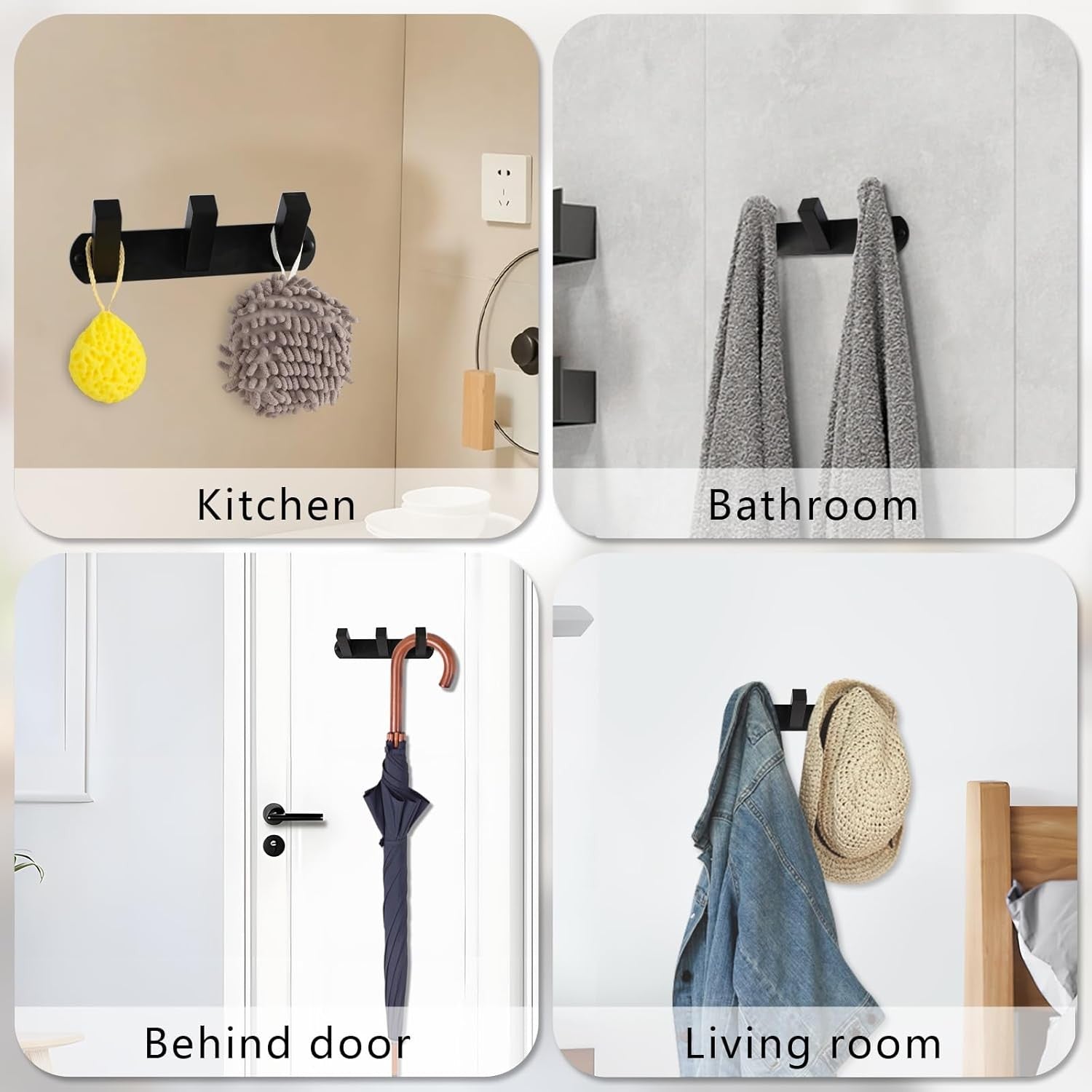 Black Metal Wall Coat Rack 3 Square Hooks Heavy Duty Modern Hanger for Bathroom