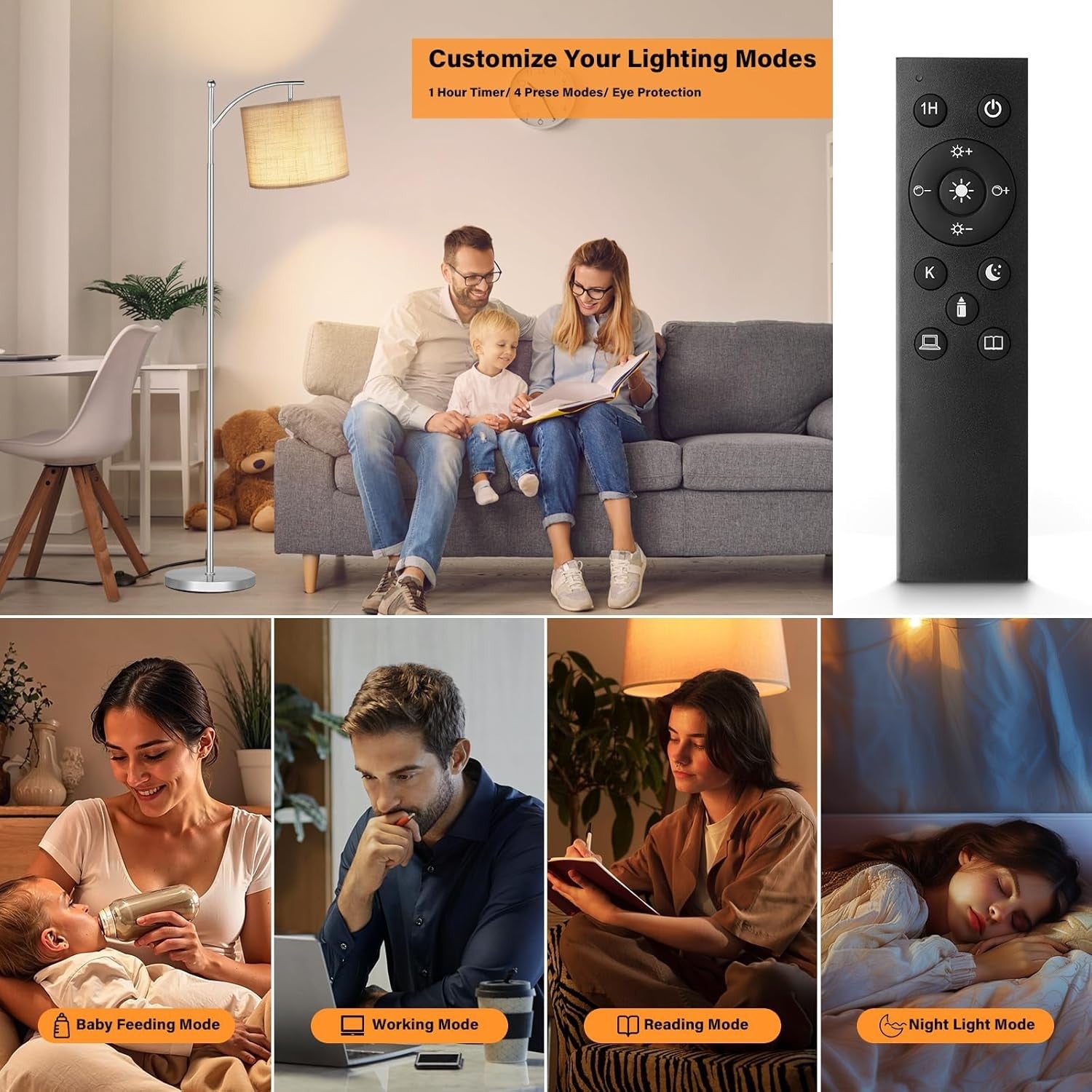 Modern Arc Floor Lamp Dimmable LED Remote Control Living Room