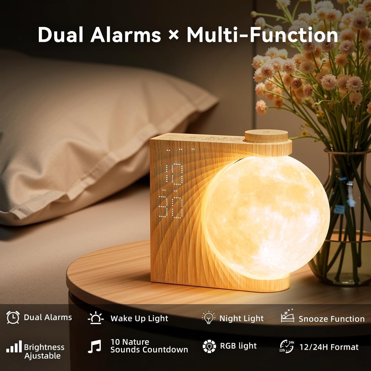 Warm White 3D Moon Light Alarm Clock Sunrise RGB Night Lamp Dual Alarm
