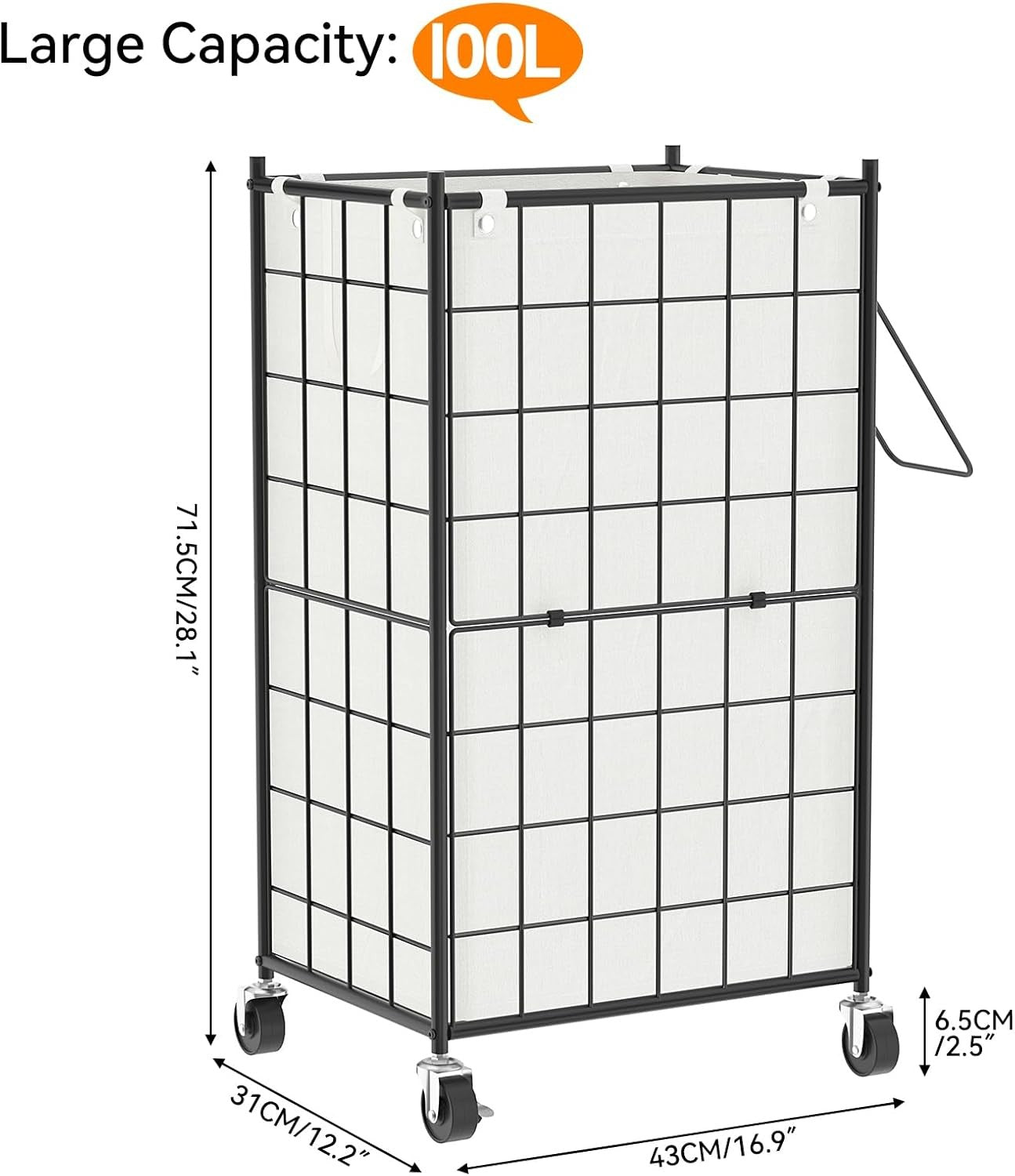 100L Rolling Laundry Hamper with Wheels & Removable Bag Metal Frame Black White