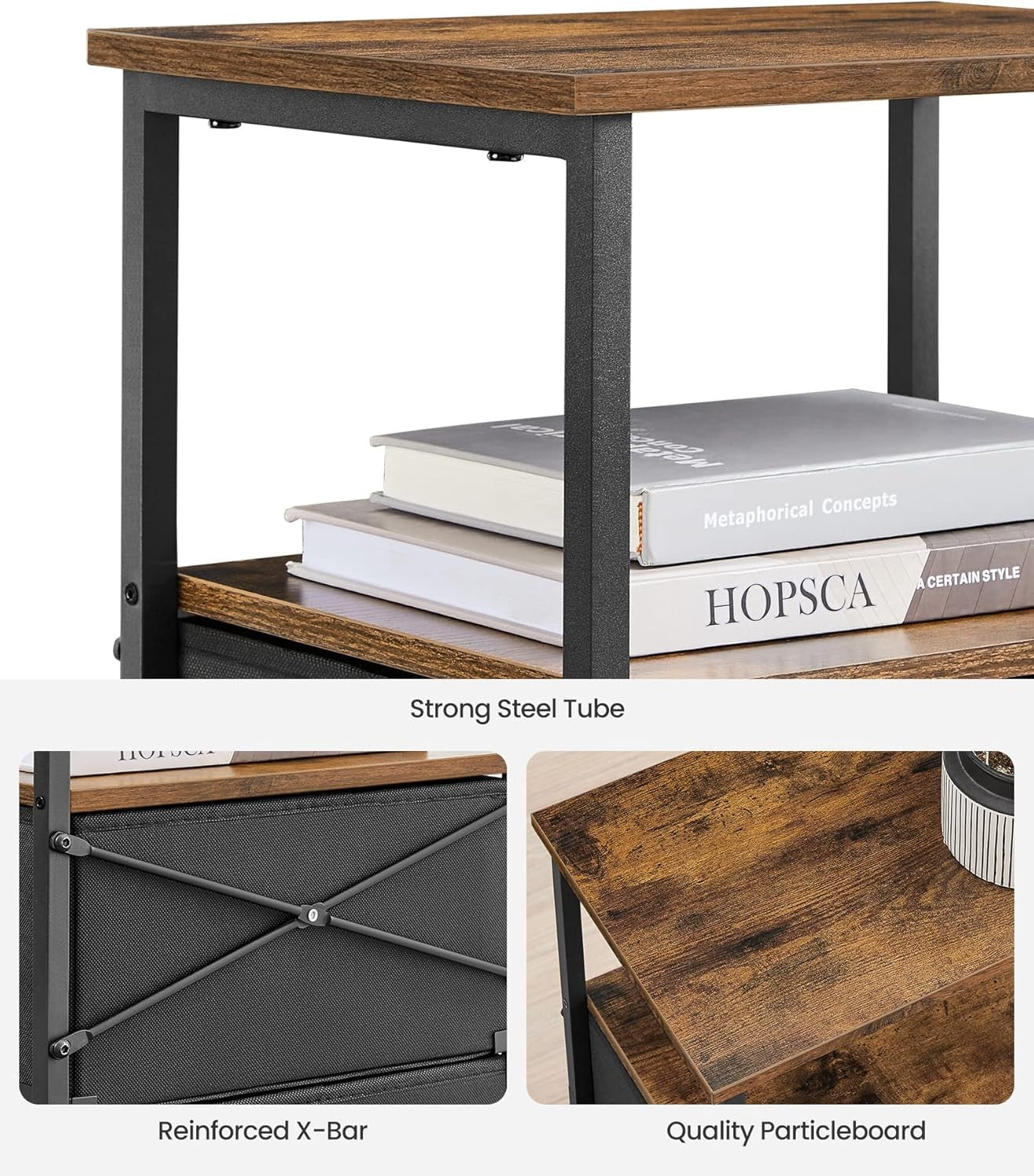 Rustic Tall Bedside Table with 2 Fabric Drawers & Open Shelf, Industrial Style