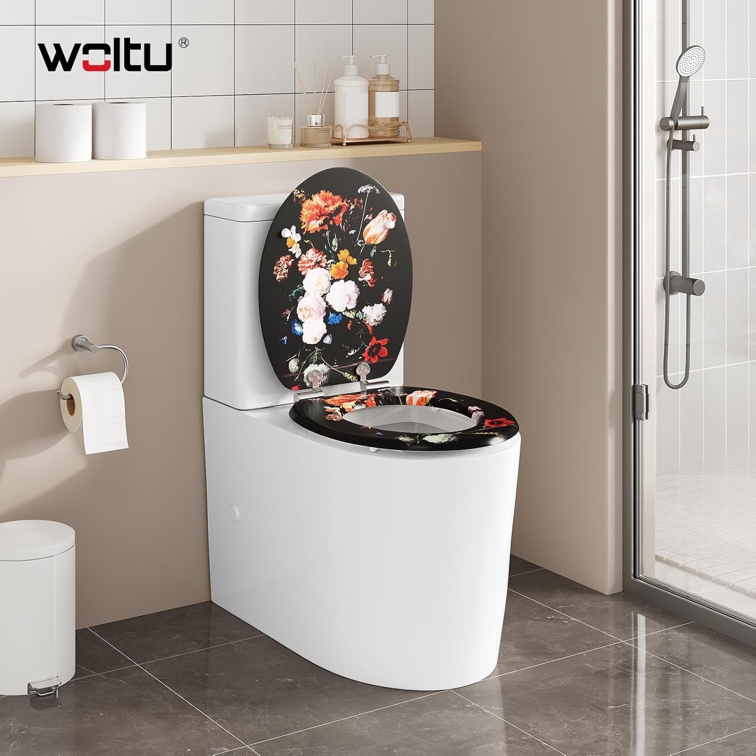 O-Shaped Toilet Seat Soft Close Quick Release Adjustable Hinges Flower Design