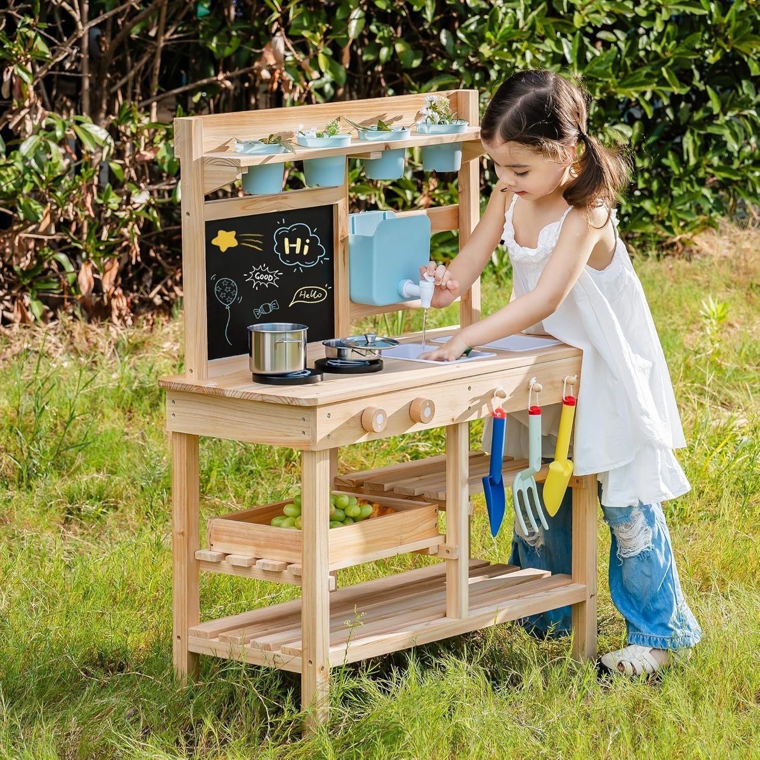 Outdoor Wooden Mud Kitchen Kids Playset Faucet Blackboard Garden Toy