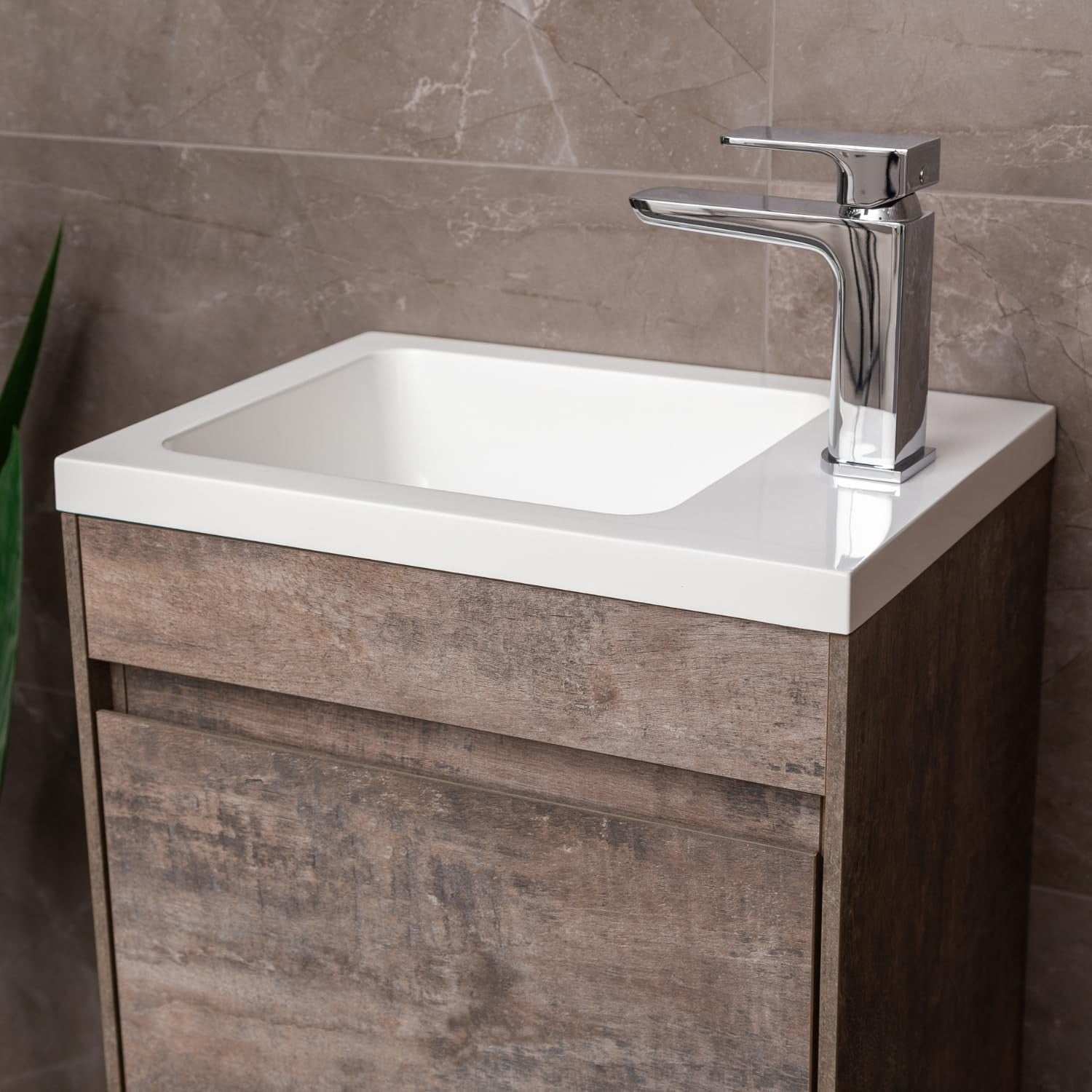 440mm Brown Floor Standing Vanity Unit with Polymarble Basin & Soft Close Door