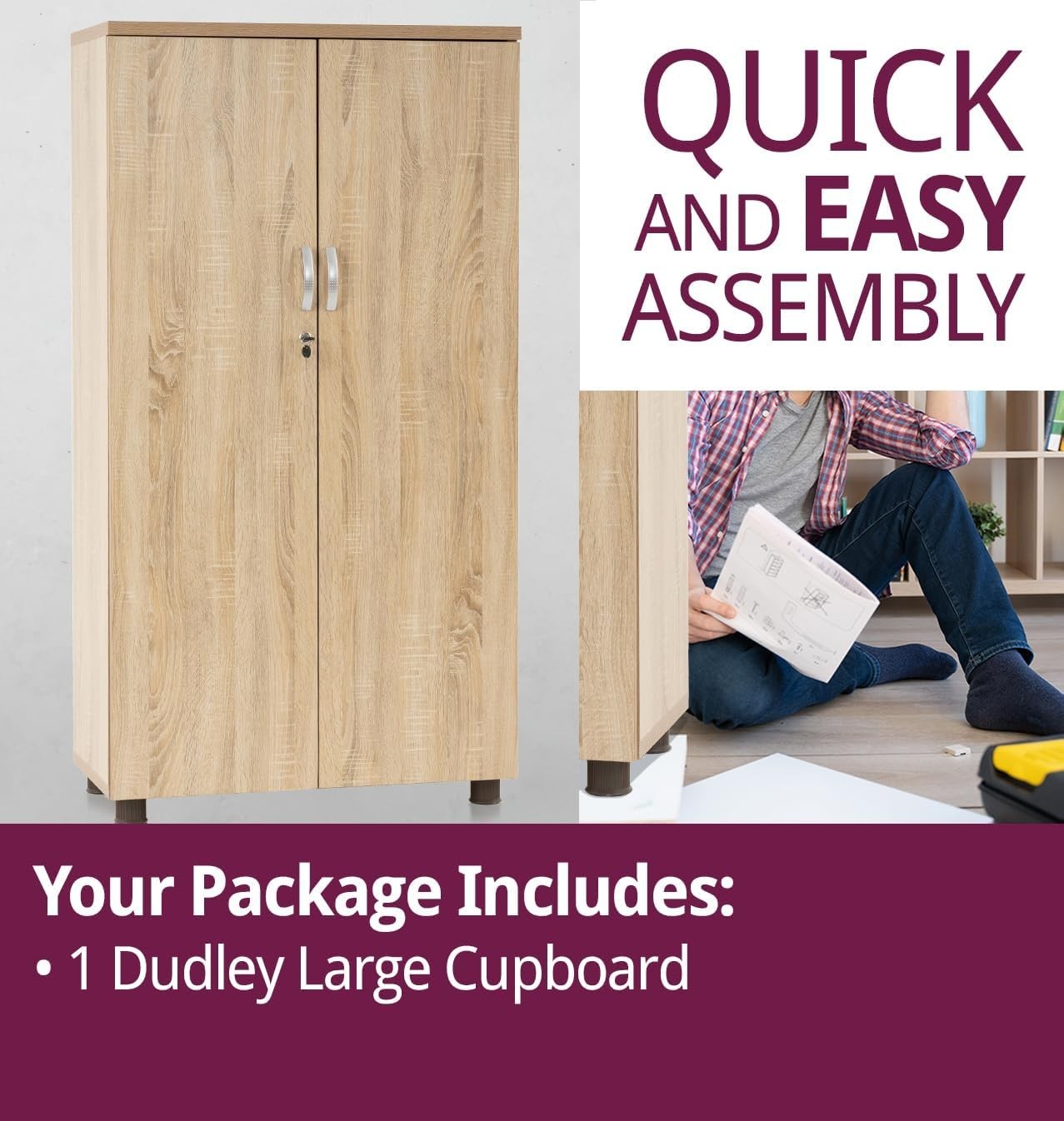 Tall Oak Effect Lockable Office Cupboard 4 Shelf Storage Cabinet