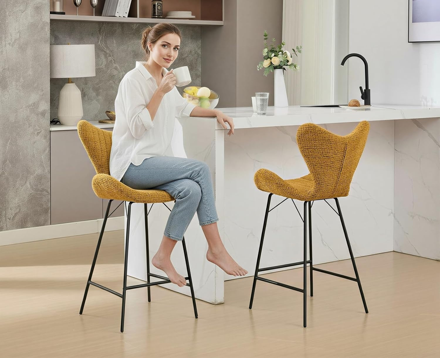Yellow Chenille Wingback Bar Stools Set of 2 – Metal Legs