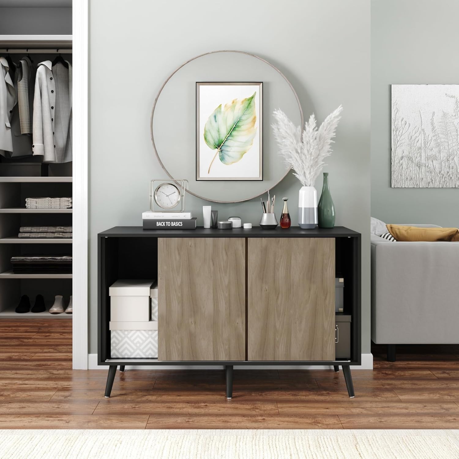 3 Oak Door Sliding Sideboard Cabinet Wooden Black Leg Modern Storage Organizer
