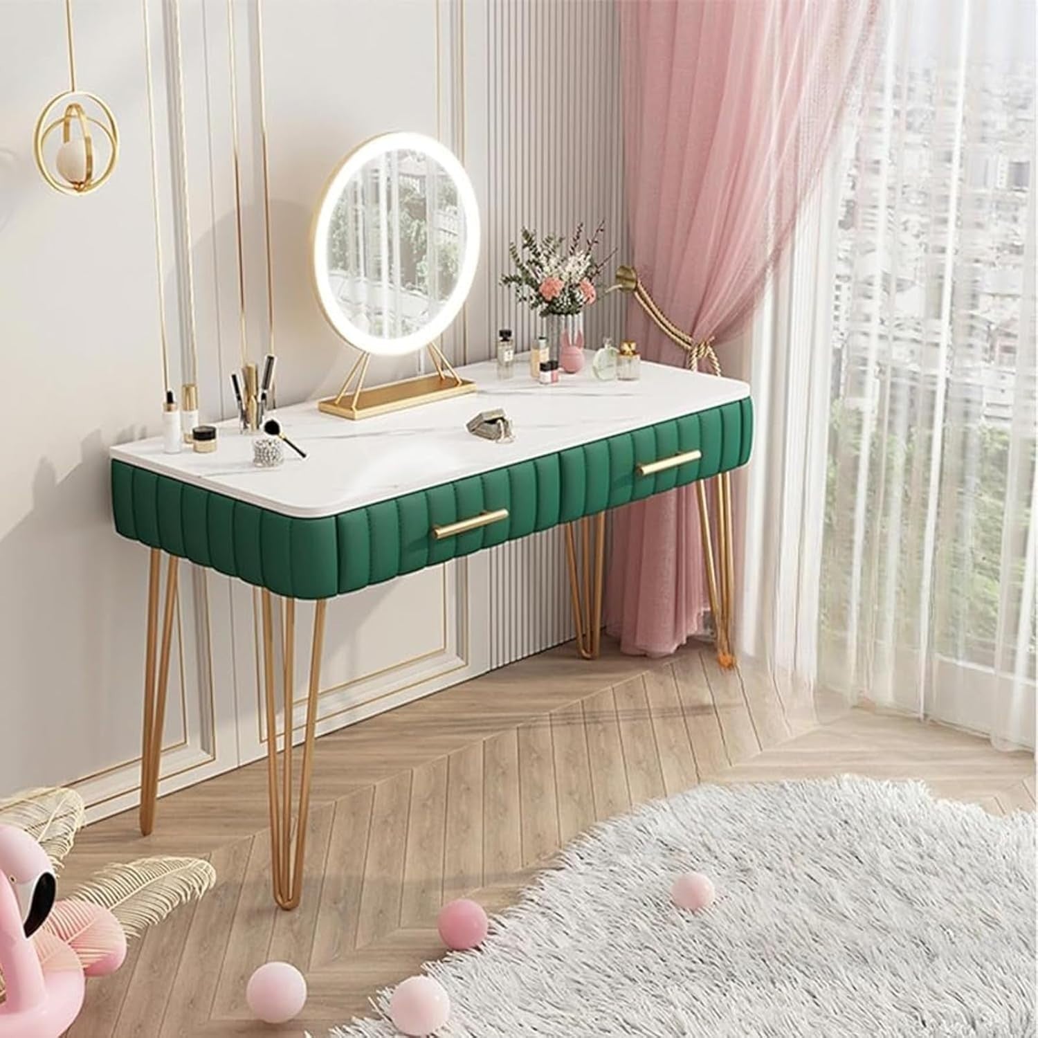 Emerald Green Makeup Vanity Desk Set, Adjustable Mirror, 5 Drawers Storage