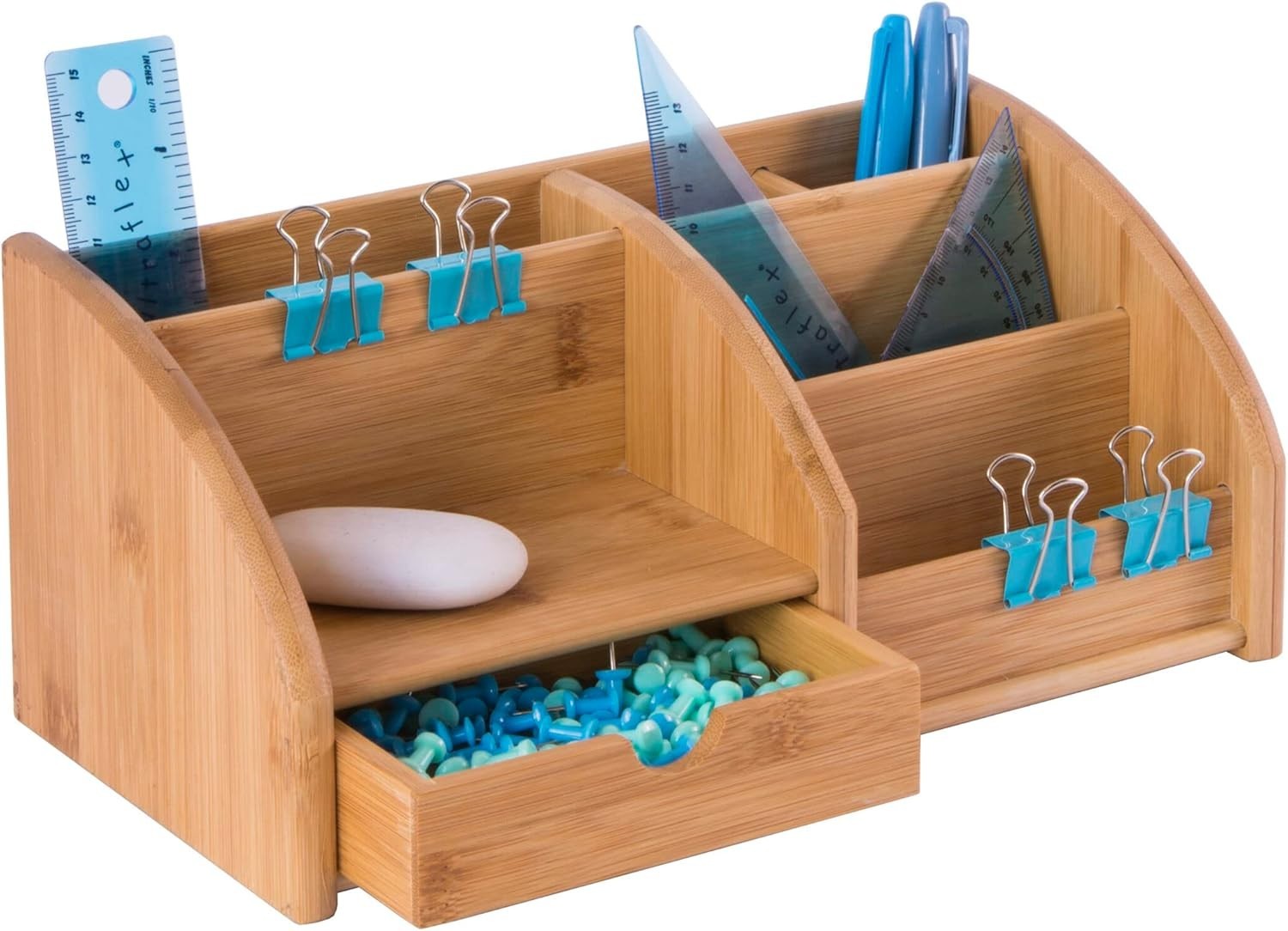 Bamboo Desk Organiser 6 Compartments 1 Drawer Office Tidy 3-Pack