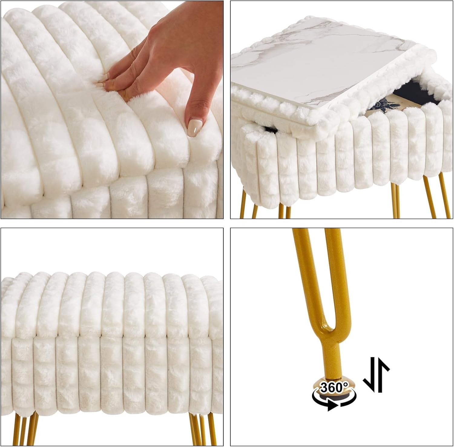 Creamy-White Velvet Round Vanity Stool with Golden Steel Legs