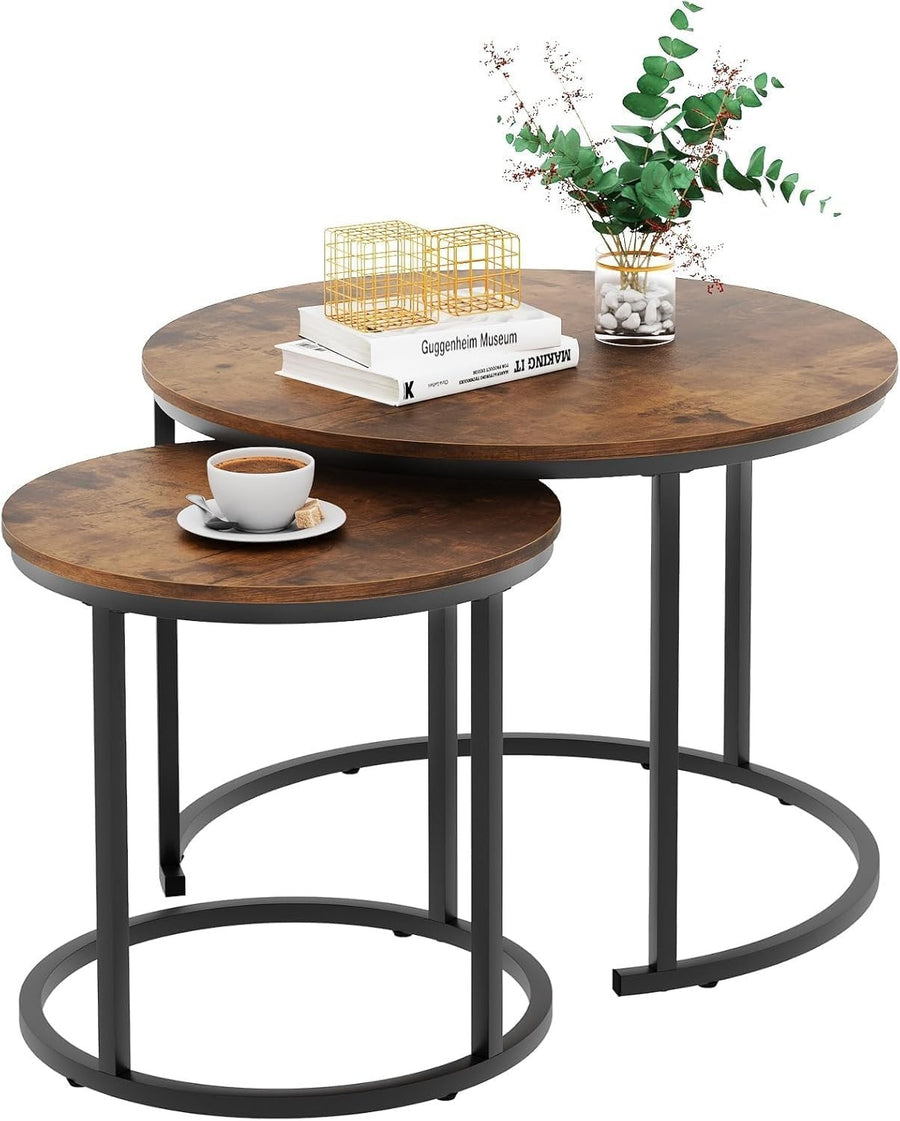 2-Piece Nesting Round Coffee Table Set with Brown Wood Top & Black Metal Frame