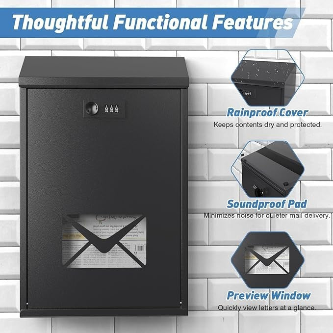 Waterproof Wall Mounted Post Box with Combination Lock & Window 40x25x10cm
