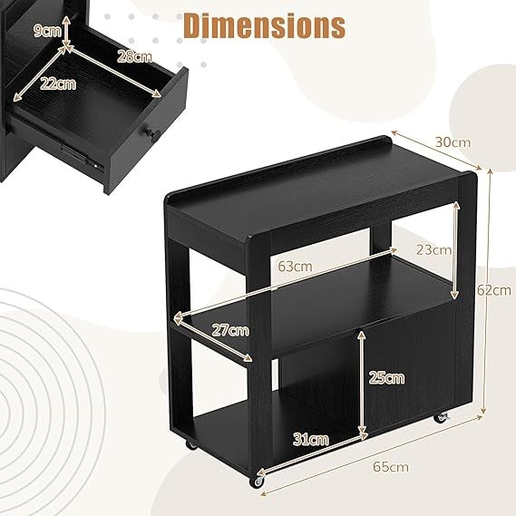Narrow Bedside Table with Drawers & Shelves, Rolling 3-Tier Side Table Black