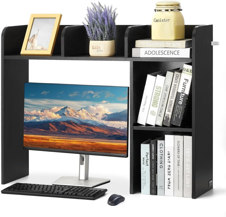 Black 2-Tier Desktop Bookshelf 94.5cm Desk Hutch Storage Organiser Heavy-Duty