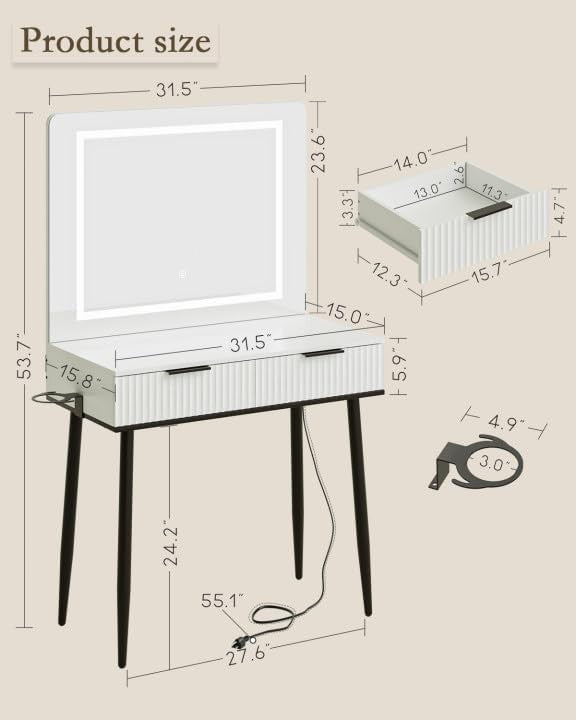 Vanity Dressing Table with LED Light Mirror Makeup Desk 2 Drawers Gold Accents