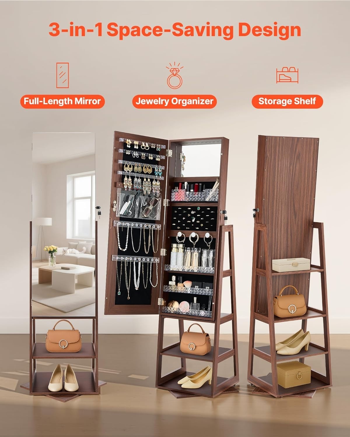 360 Swivel Standing Jewelry Organizer Mirror Lockable Rotating Storage Cabinet