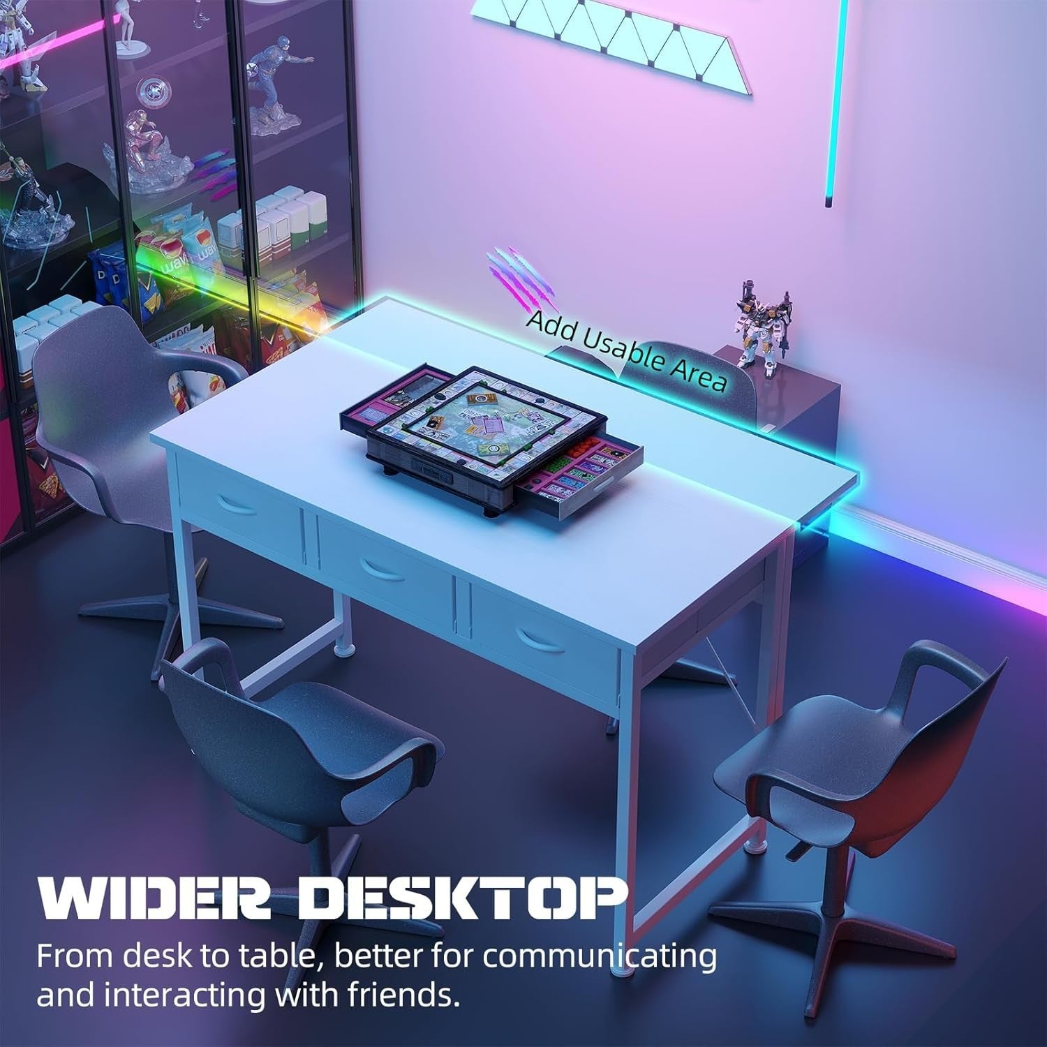 White Gaming Desk 110cm with LED Lights, Pegboard & 3 Storage Drawers