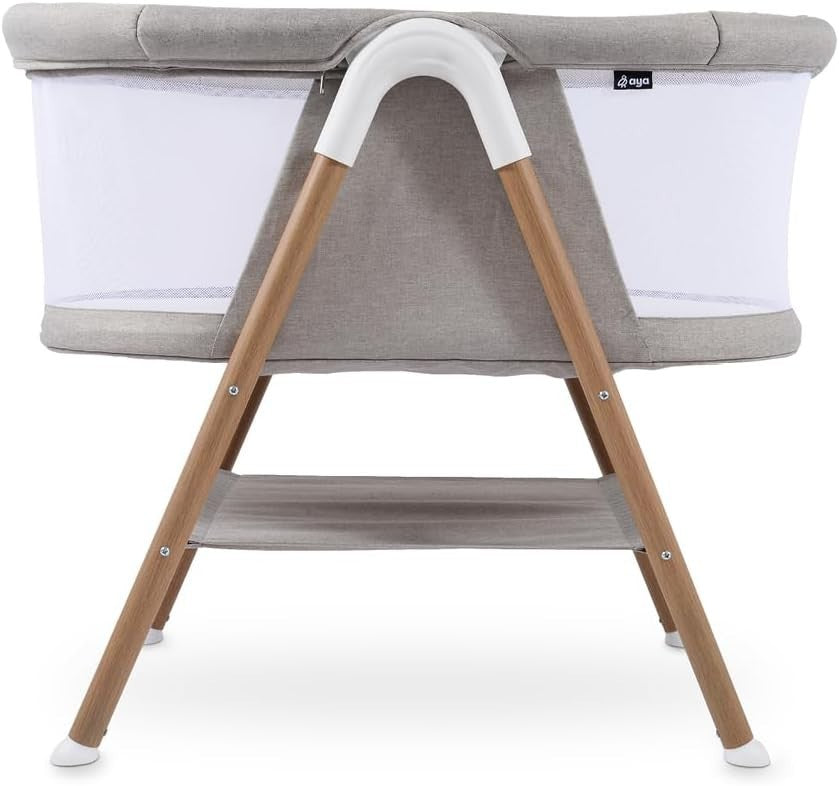 Portable Baby Crib Cot with Mesh Sides Lightweight Foldable Bed Wood Stone Grey
