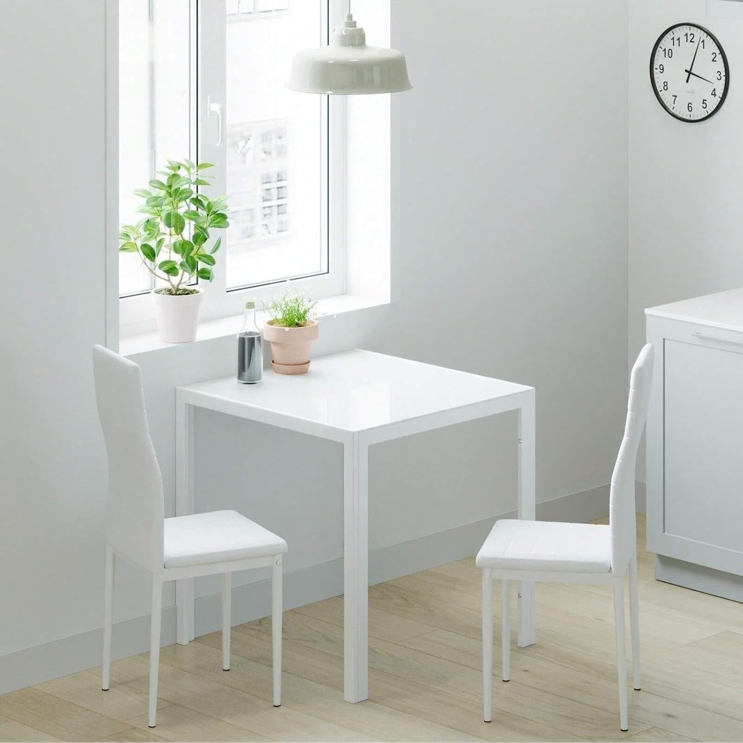 Modern 2-Seater White Glass Dining Table with Faux Leather Chairs
