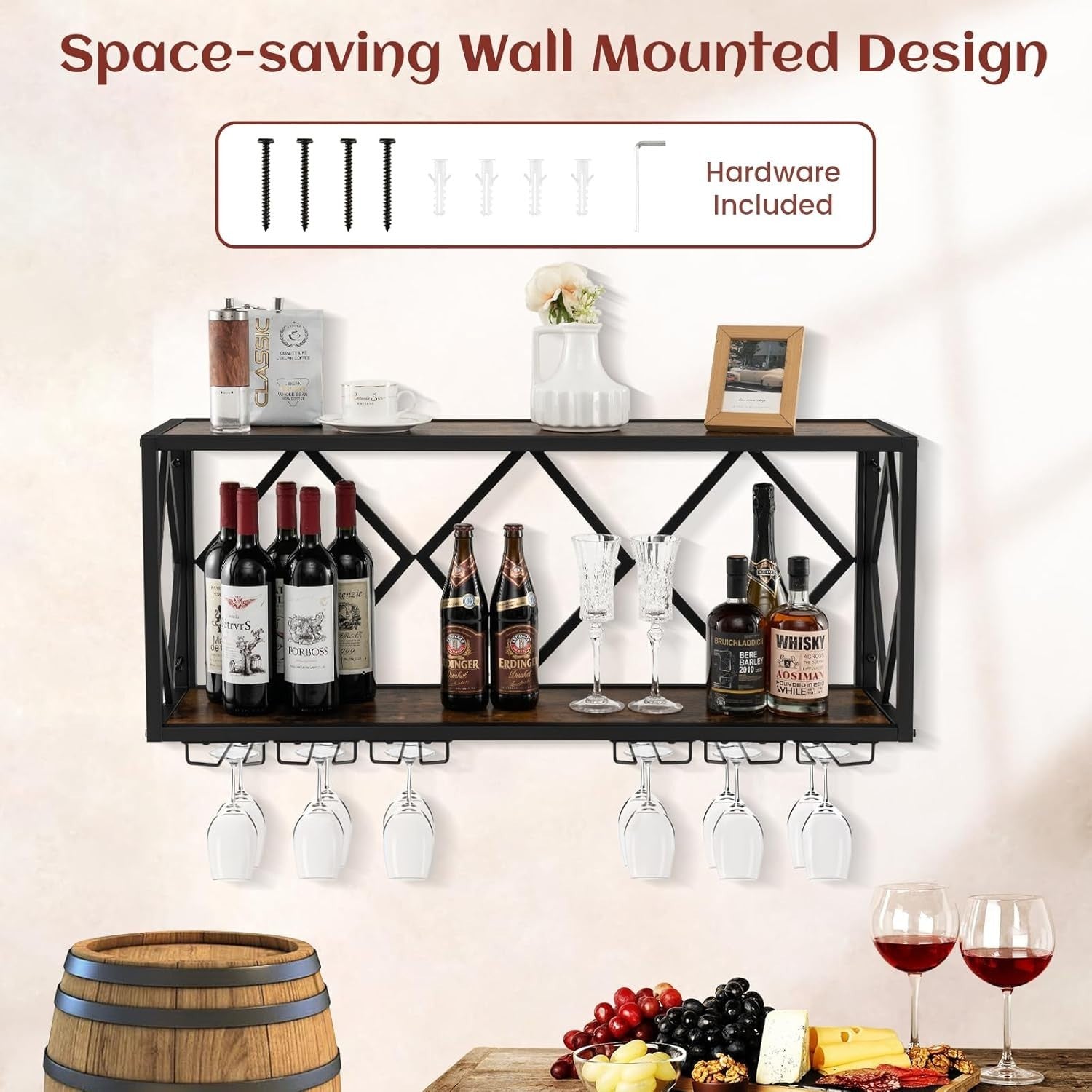 Wall Mounted Wine Rack with Glass Holder 2-Tier Metal Shelf Bar Storage Display